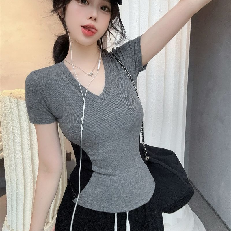 Pure cotton 210g V-neck short-sleeved T-shirt for women in summer, versatile contrasting temperament slim fit top