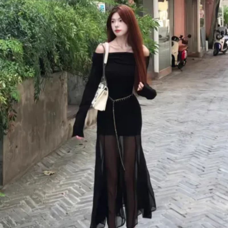 Pure sexy one-shoulder long sleeve mesh dress for women's spring new slim waist-hugging long skirt