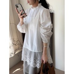 原版做工設計感小眾蕾絲拼接木耳邊領襯衫2025春寬鬆內搭上衣