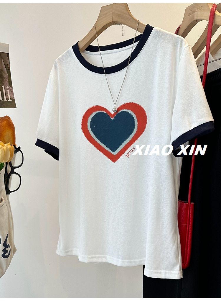 32 pure cotton pull-up frame color short-sleeved color-blocked printed loose short-sleeved T-shirt for women
