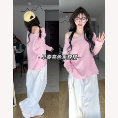 粉色斜肩長袖T恤女2025設計感春秋寬鬆慵懶風露肩上衣