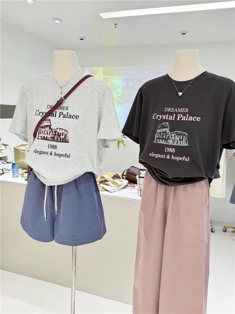 200g combed and tight spun in 2025, pure cotton back bag strip, spring and summer loose shoulder printed short-sleeved T-shirt