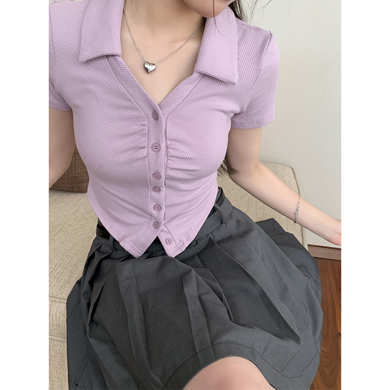 Real shot of new summer half-open v-neck short-sleeved T-shirt niche design Polo neck temperament short cardigan top