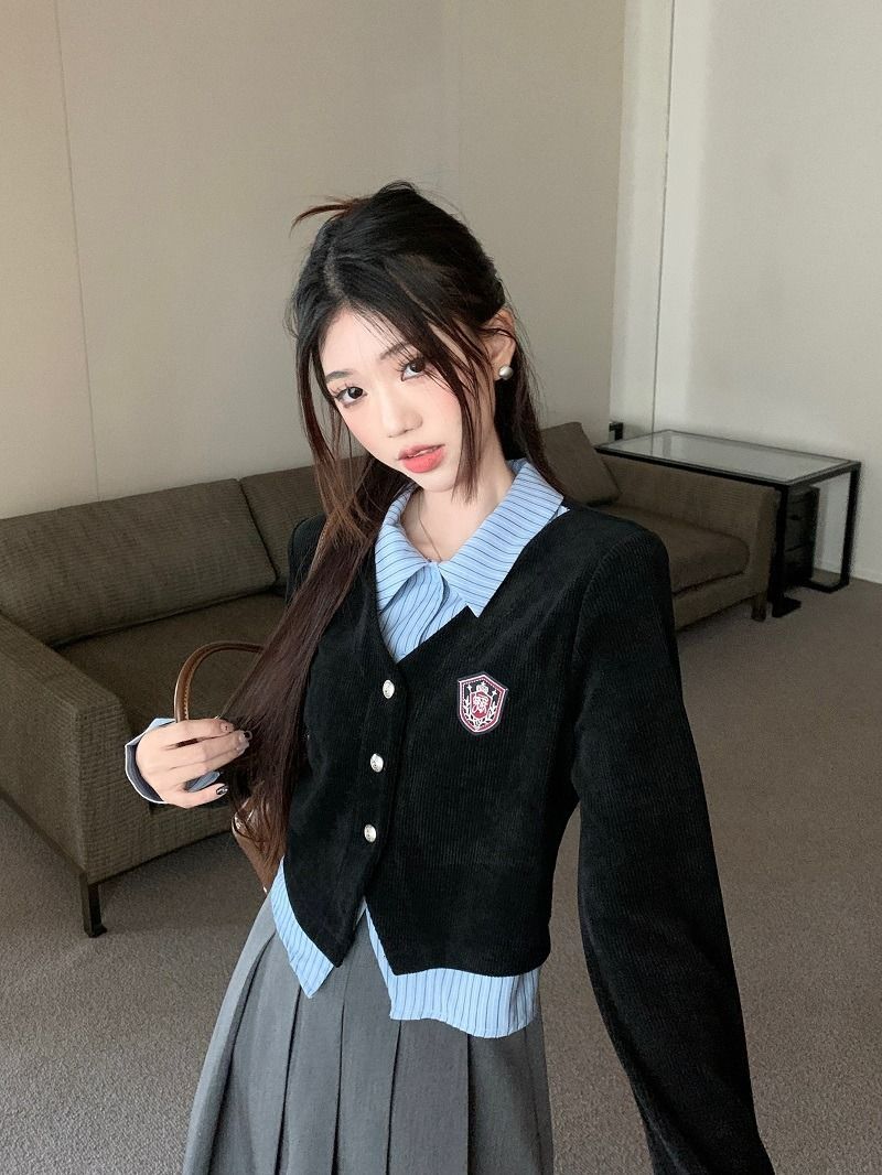 學院風套裝女假兩件POLO領長袖襯衫春季