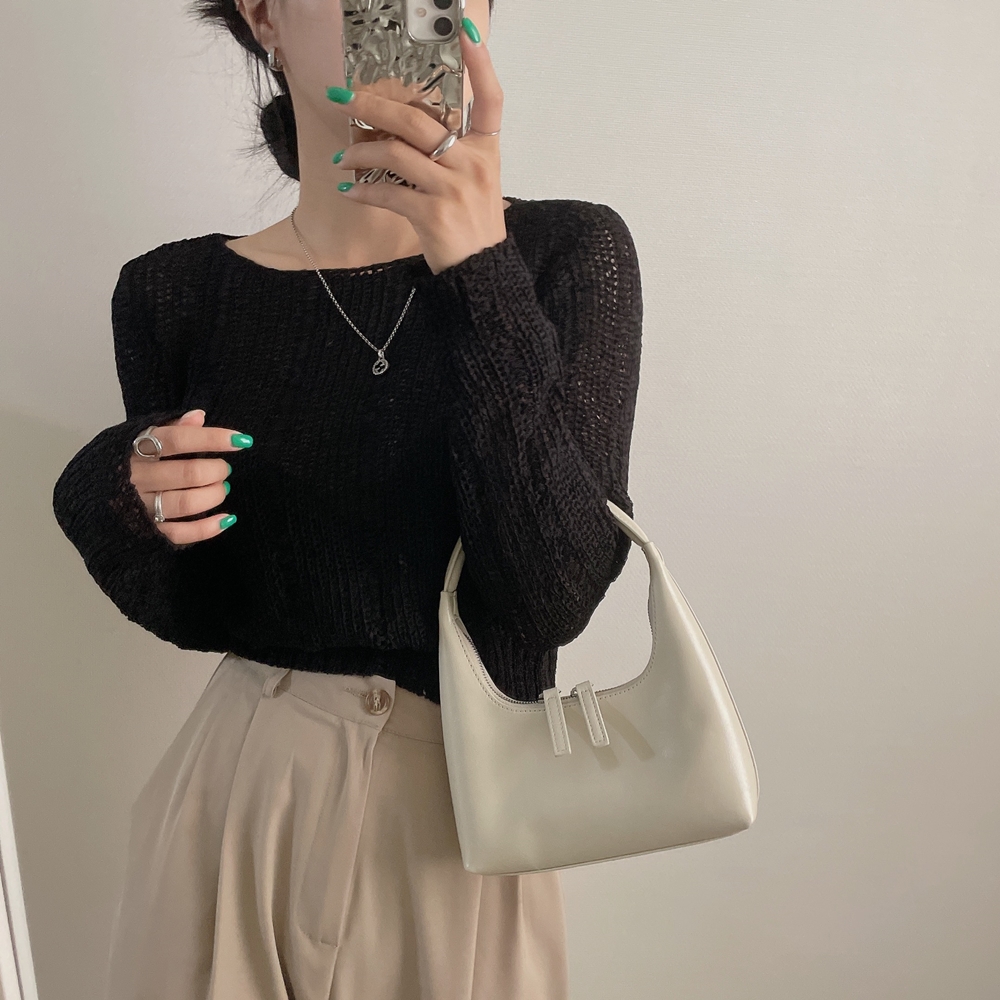 Large size original Korean sweater solid color sexy hollow ice silk sweater round neck long sleeve sun protection thin one-length collar