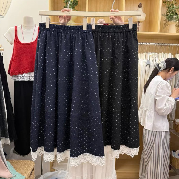 蕾絲花邊白色波點半身裙女2025新款春夏小個子高腰顯瘦a字百褶裙