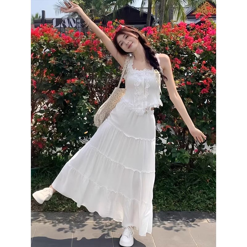 原版做法溫柔系御姐風蕾絲女夏季新款高腰白色半身裙長裙