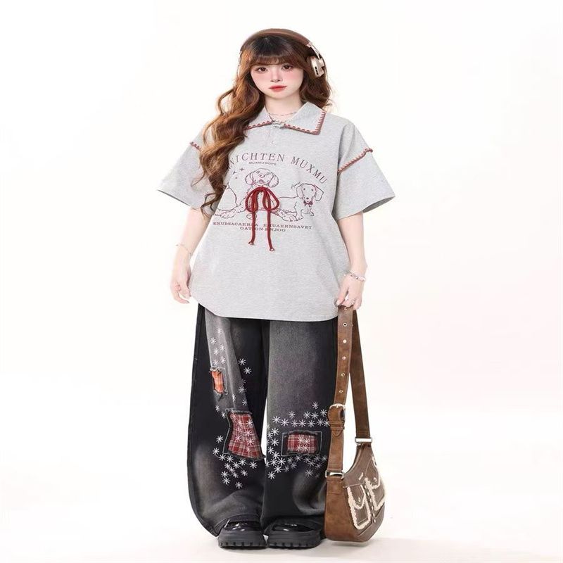 Retro spliced ​​puppy Polo short-sleeved women's 2025 new summer sweet and cool loose casual lapel versatile top trendy