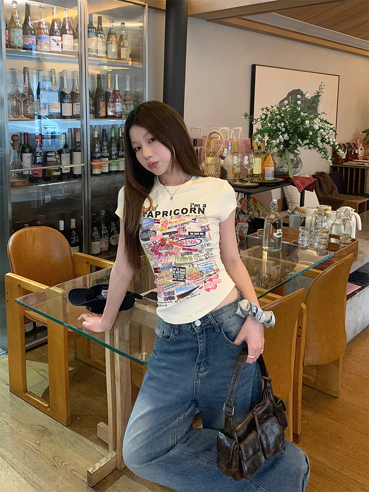 Real photo Korean chic simple summer print shoulder short-sleeved slim T-shirt top