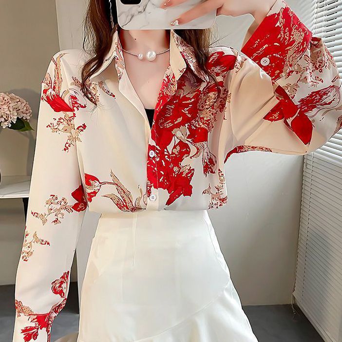 Big red floral butterfly French retro chiffon shirt women's shirt spring and autumn lace fashionable long-sleeved top