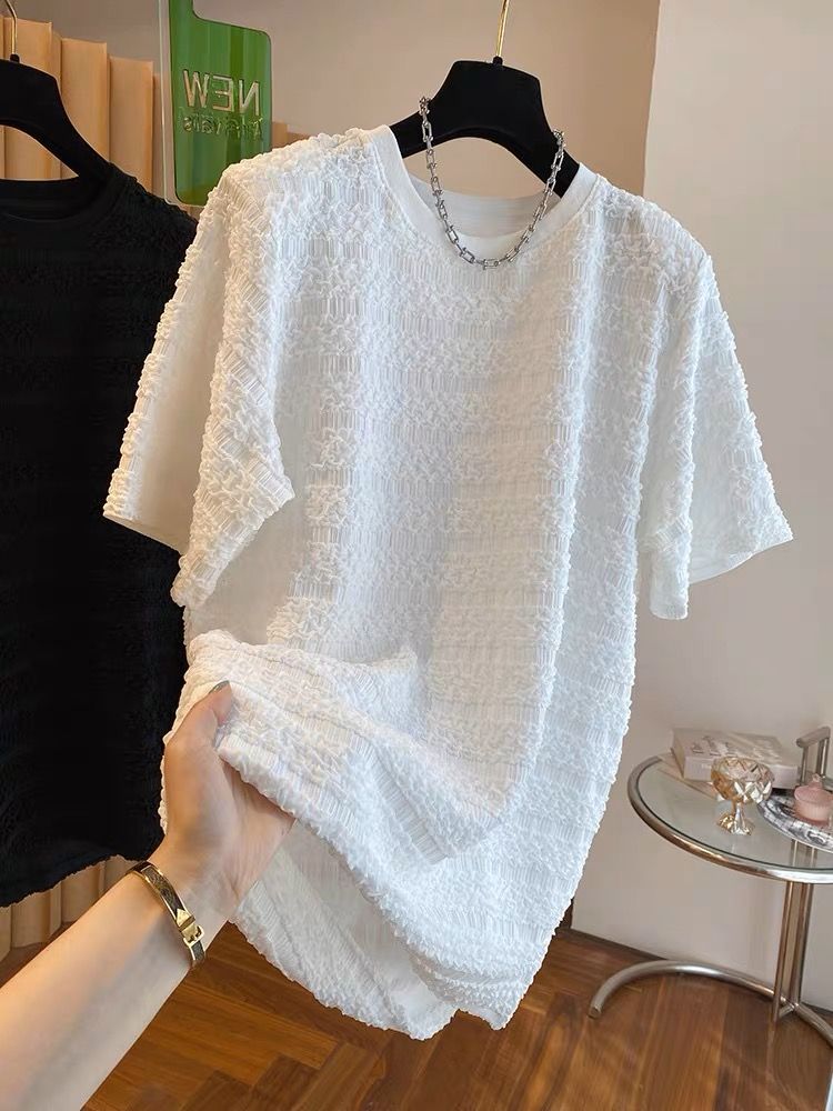 ~Large size Korean design niche bubble short-sleeved T-shirt for women 2025 new