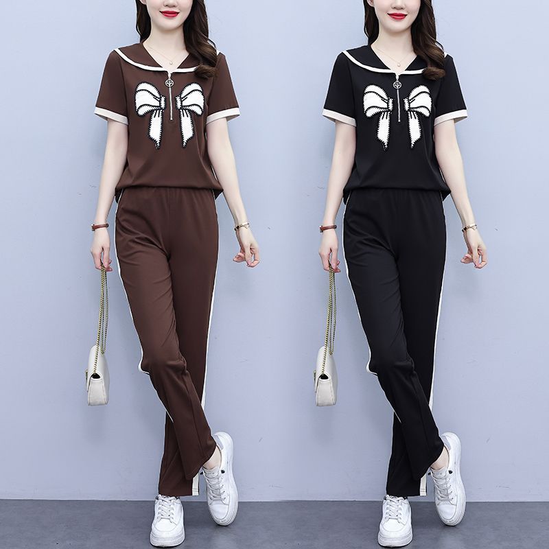 2025 large size suit new loose embroidered doll collar top short-sleeved women's two-piece set