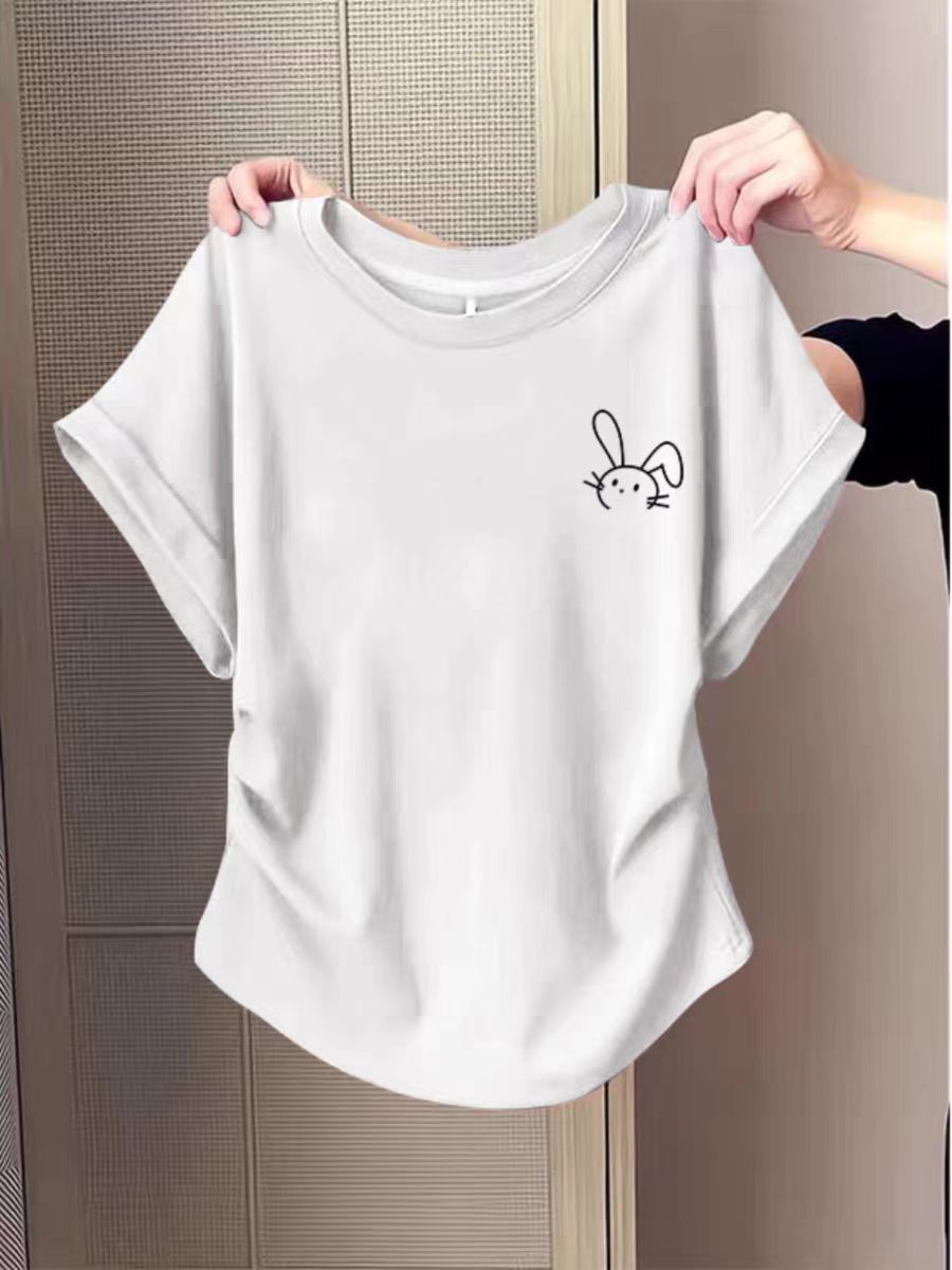 Pure cotton high elastic pleated waist small flying sleeve short sleeve T-shirt for women in summer new slim T-shirt top
