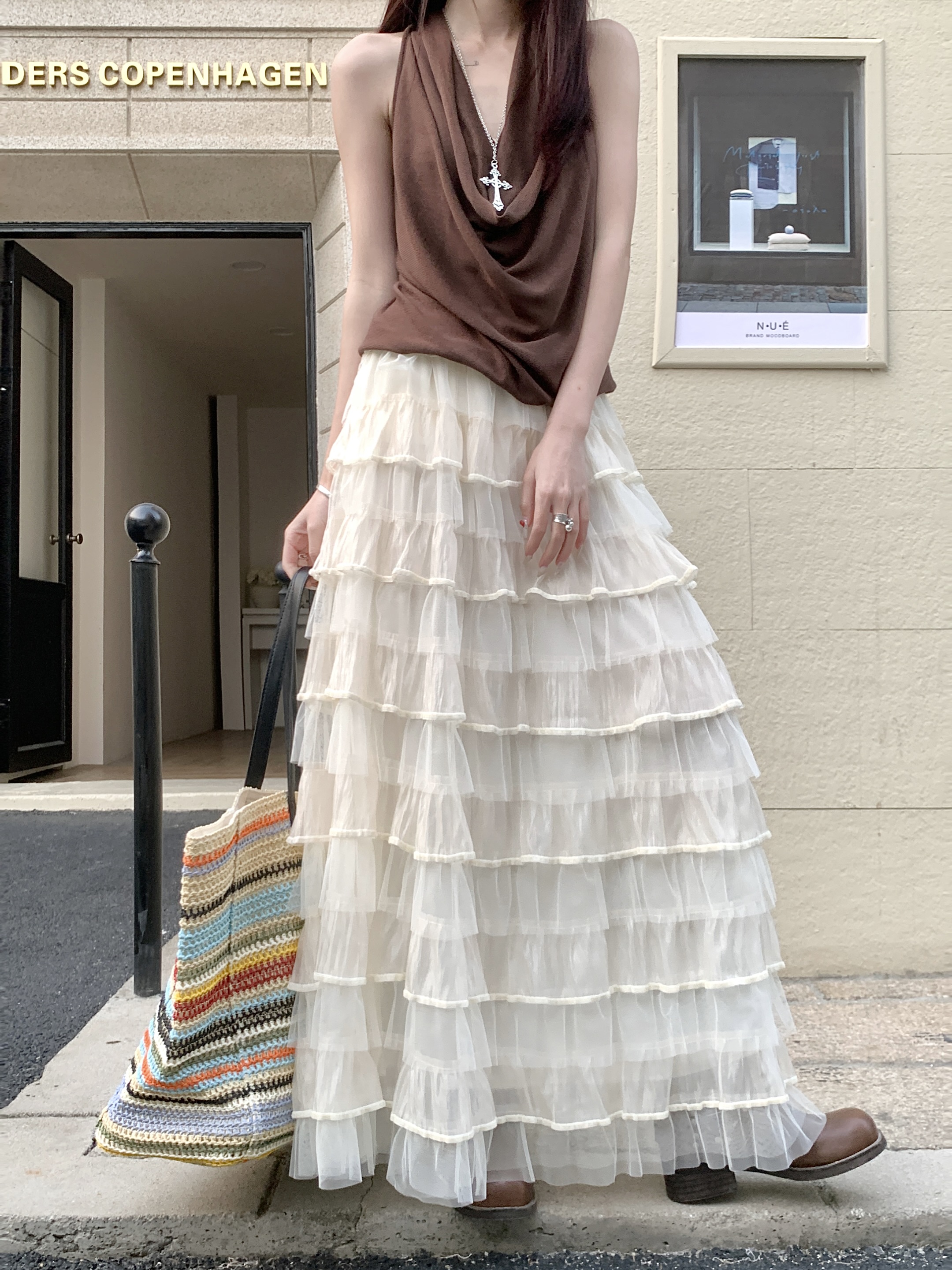 Real shot of fantasy ballet mesh fluffy cake skirt apricot color thousand-layer long skirt high-end vacation style skirt