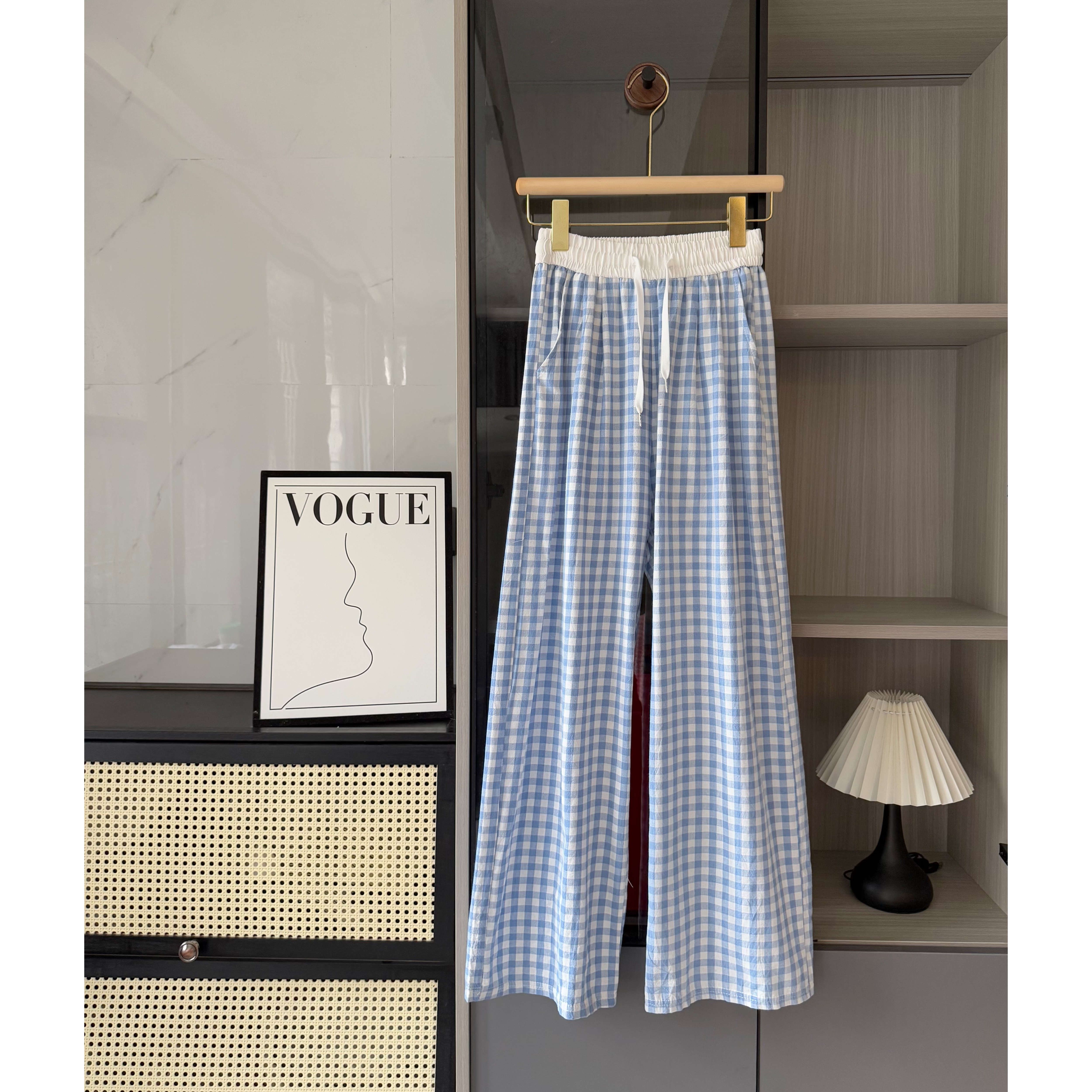 Cotton plaid white waist drawstring casual pants for women in summer new high waist drooping slimming wide-leg floor pants