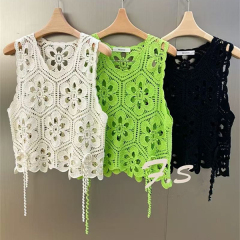 2025 European Station Summer Lace Hollow Large Flowers Hooked Vest Sleeveless U-neck Layered Puzzle Top for Women