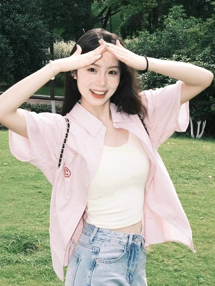 日系甜美條紋夏chic襯衫女設計感粉色多巴胺笑臉休閒短袖外套上衣