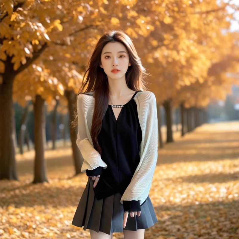 2025 French V-neck Long Sleeve Shirt Women's Spring Design Contrast Color Irregular Loose Top