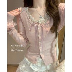 40支精棉1*1假兩件粉色蕾絲拼接長袖T恤女打底衫bm上衣