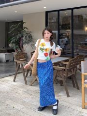 Sweet style suit for women's flower print short-sleeved T-shirt spring blue floral skirt two-piece set