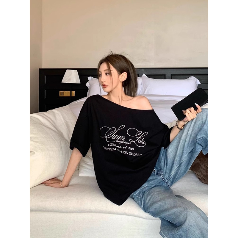 Colored cotton pull-up summer off-shoulder sexy hot girl T-shirt letter print high-end top