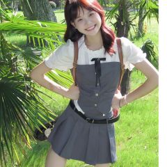 Korean jk suit women's summer new retro temperament college style fake two-piece short-sleeved top pleated skirt two-piece set