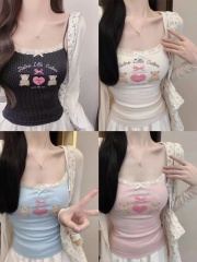 Niu Koo Teddy Bear Solid Color Strapless Bralette Cute Sweet Fitted Apricot Color Sleeveless T-Shirt Summer Women's Clothing