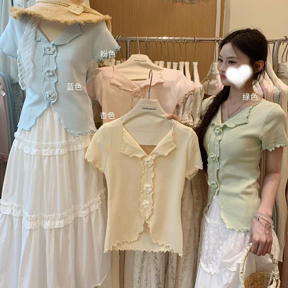 Unique and beautiful early spring top 2025 French gentle style ruffle spliced ​​short-sleeved sweater women's shirt