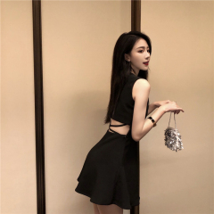 Real photo of summer black slim waist-exposed A-line dress party dress short evening dress