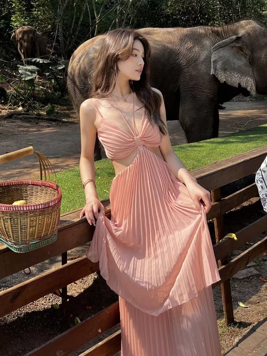 Vacation skirt sexy pure and irregular waist-exposed slim suspender dress design sense tulle pleated dress long skirt