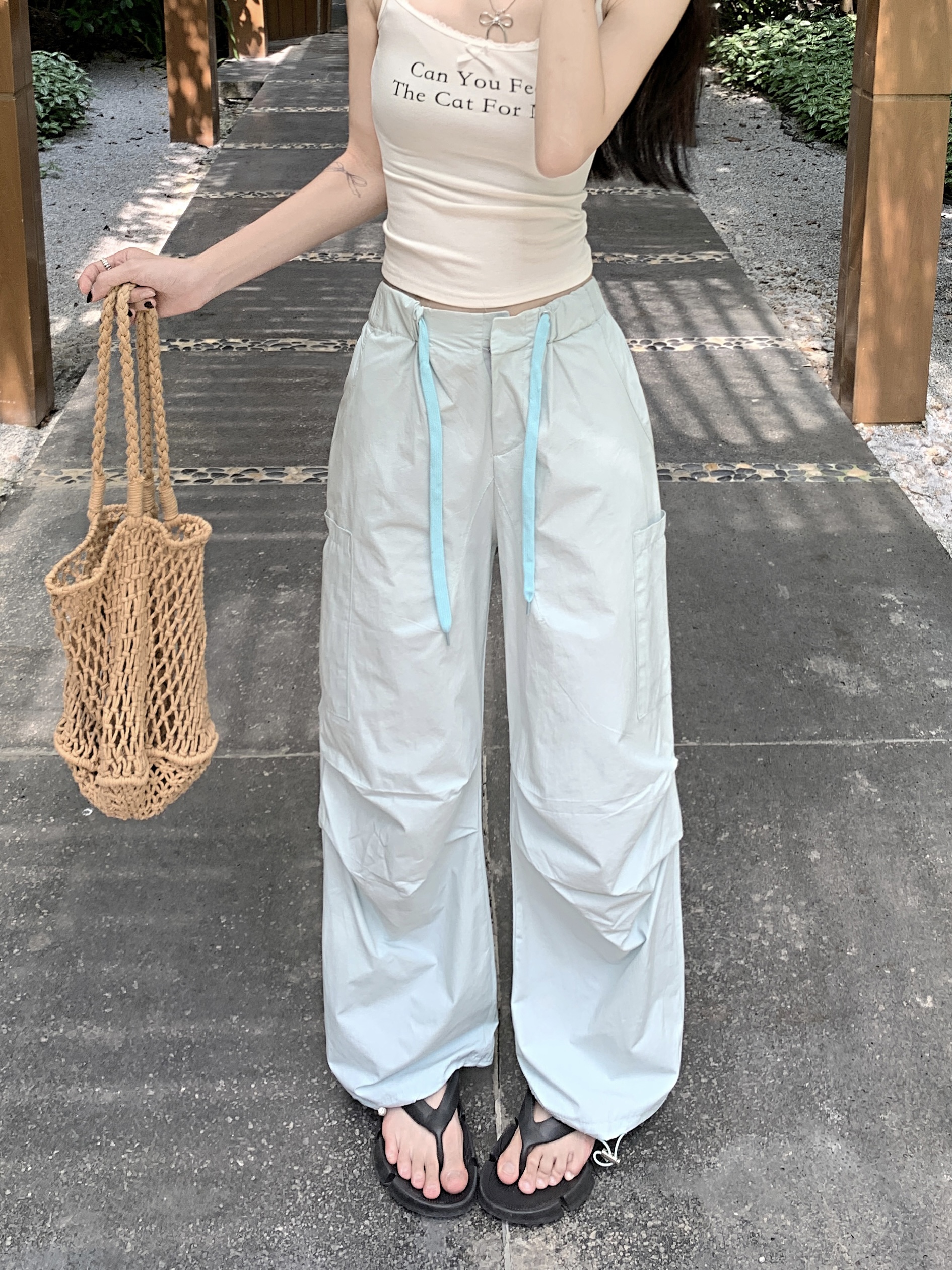 Real-life Korean version of Lake Water Green Loose Working Pants Design Sense Drawstring High Waist Slim Casual Pants Women's 2025 New Style
