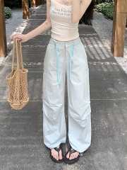 Real-life Korean version of Lake Water Green Loose Working Pants Design Sense Drawstring High Waist Slim Casual Pants Women's 2025 New Style