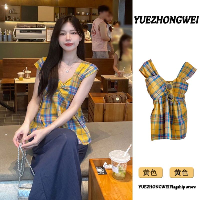 Summer dopamine wear yellow plaid vest for women wearing unique and beautiful loose doll shirt sleeveless top