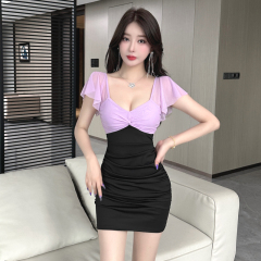 Sexy low-cut V-neck contrasting mesh splicing temperament slim and slim hip-packing dress