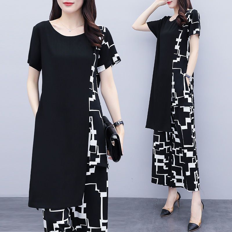 2025 large-size casual and fashionable suit for women fat mm summer new fashionable loose wide-leg pants two-piece set