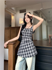 Real shot 2025 new design feels waist-hugging and slimming belt plaid sleeveless dress