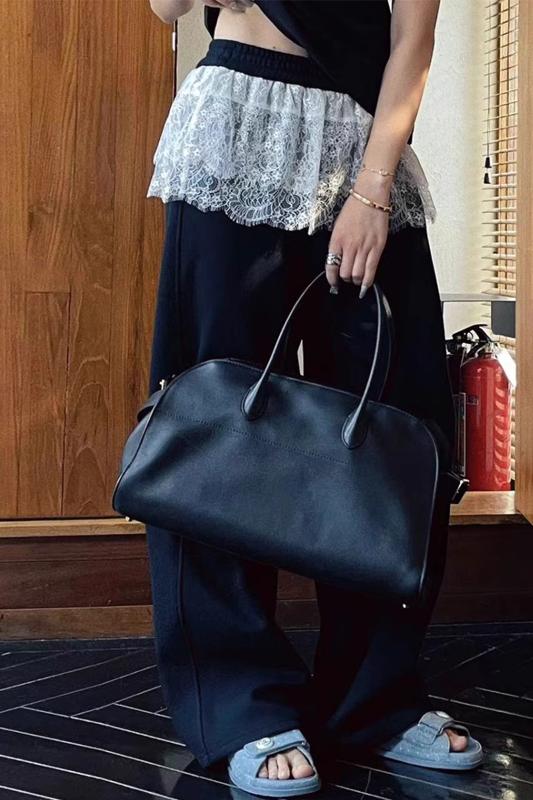 原版做工蕾絲拼接休閒褲女2025屁簾黑色假兩件鬆緊直筒闊腿褲