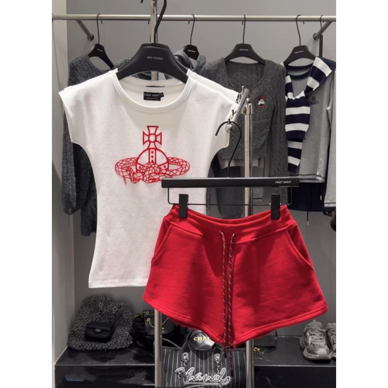 All-Cotton Set: Round Neck Snake-Wound Saturn Print T-Shirt + Red Short Shorts Leisure Set for Women