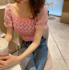 天貓質量露肩夏季雪紡拼接性感短袖一字領短袖氣質百搭上衣女