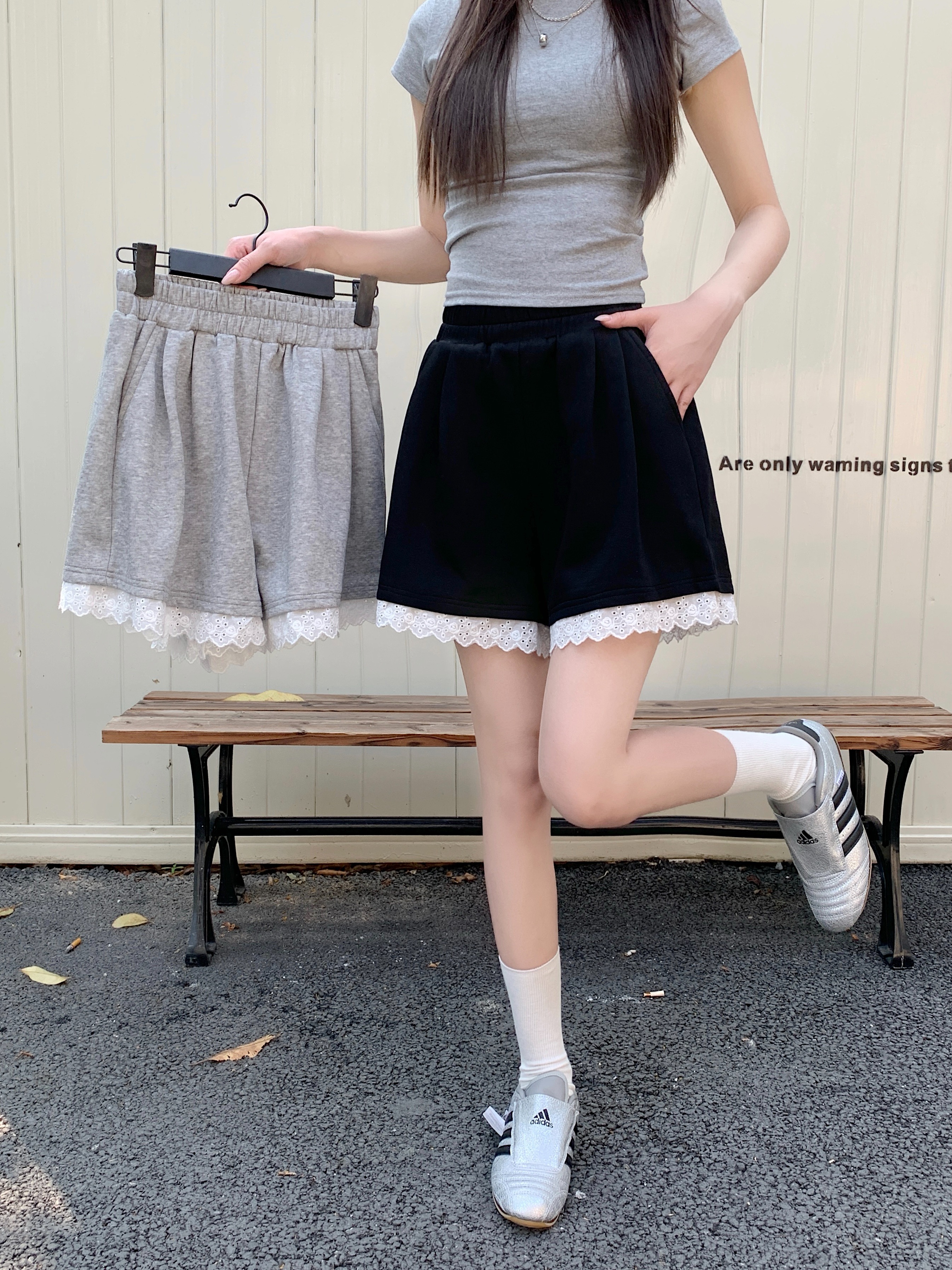 Summer Korean ins personality fashionable lace edge elastic high waist lace casual wide-leg shorts for women