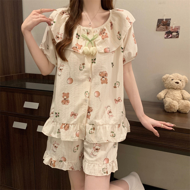 Real shot of 25 new pajamas for women short-sleeved cloud cotton suit bear with chest pad home clothes