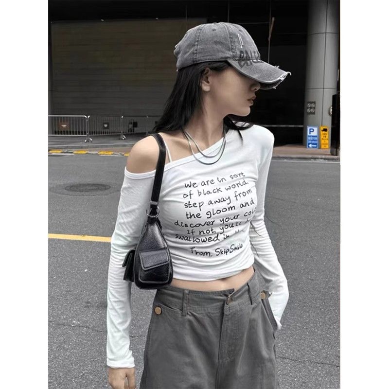 American retro letter printing off-shoulder long-sleeved T-shirt for women in autumn new slimming new top
