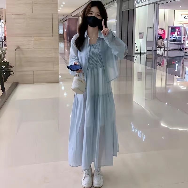 New lazy style suspender skirt for women in summer sunscreen shirt two-piece suit suspender skirt matching a whole set