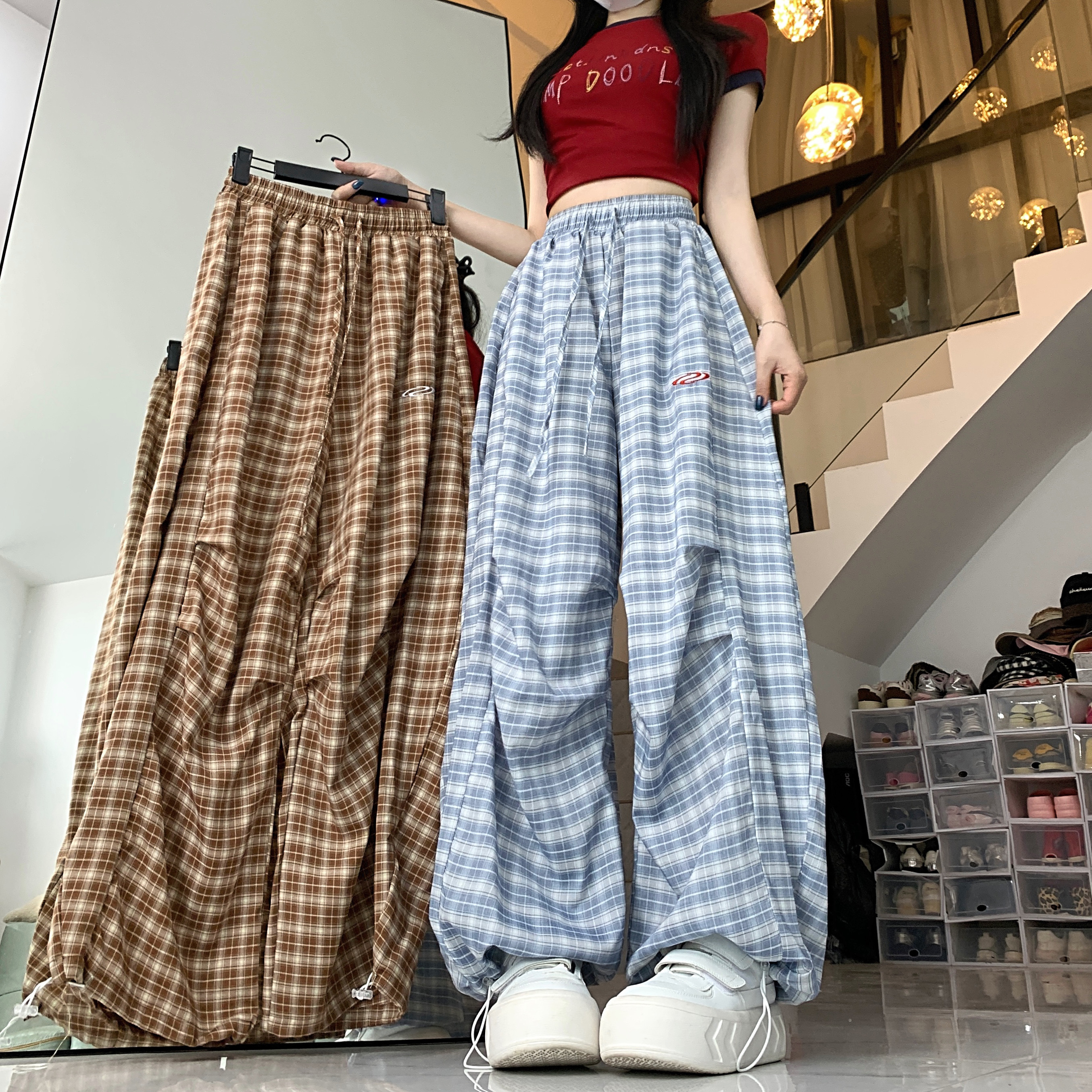 實拍美式復古格子褶皺設計感褲子女夏寬鬆直筒束腳兩穿闊腿休閒褲