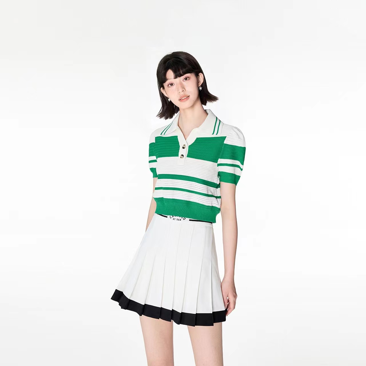 冰絲條紋撞色Polo領針織衫女夏季2025新款百搭氣質短袖泡泡袖上衣