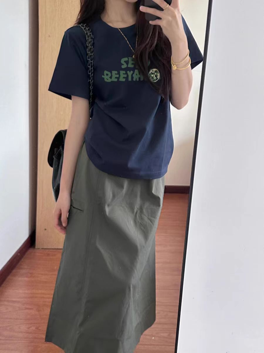 Printed front shoulder short-sleeved T-shirt for women in summer new niche American pure cotton slim T-shirt top