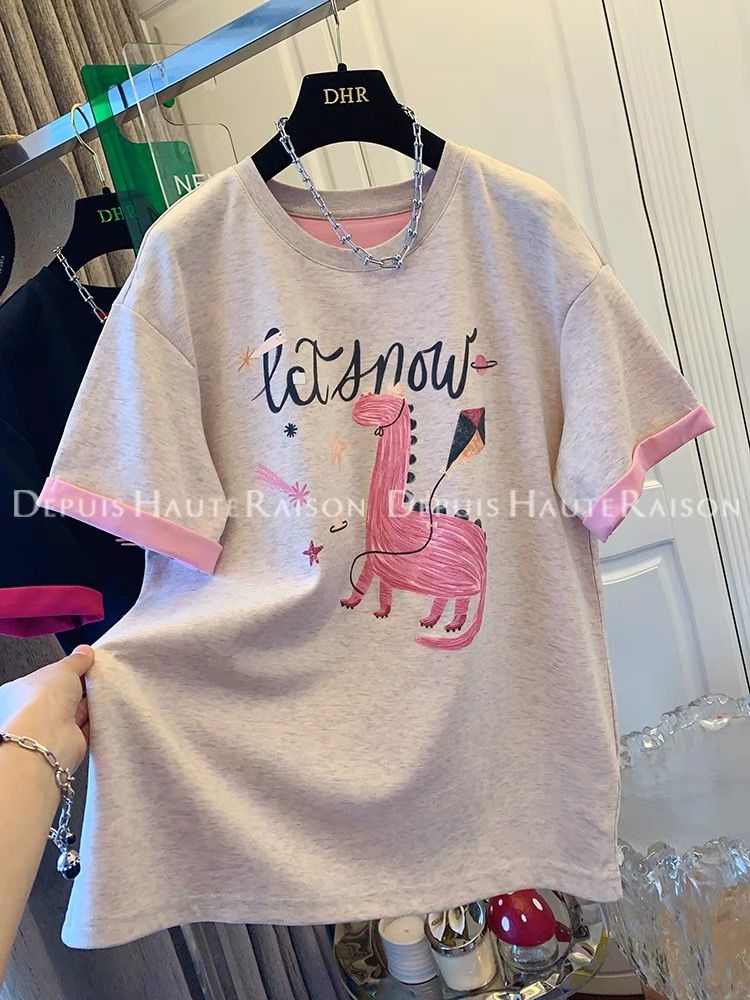 2025 summer new contrast dinosaur loose short-sleeved T-shirt top