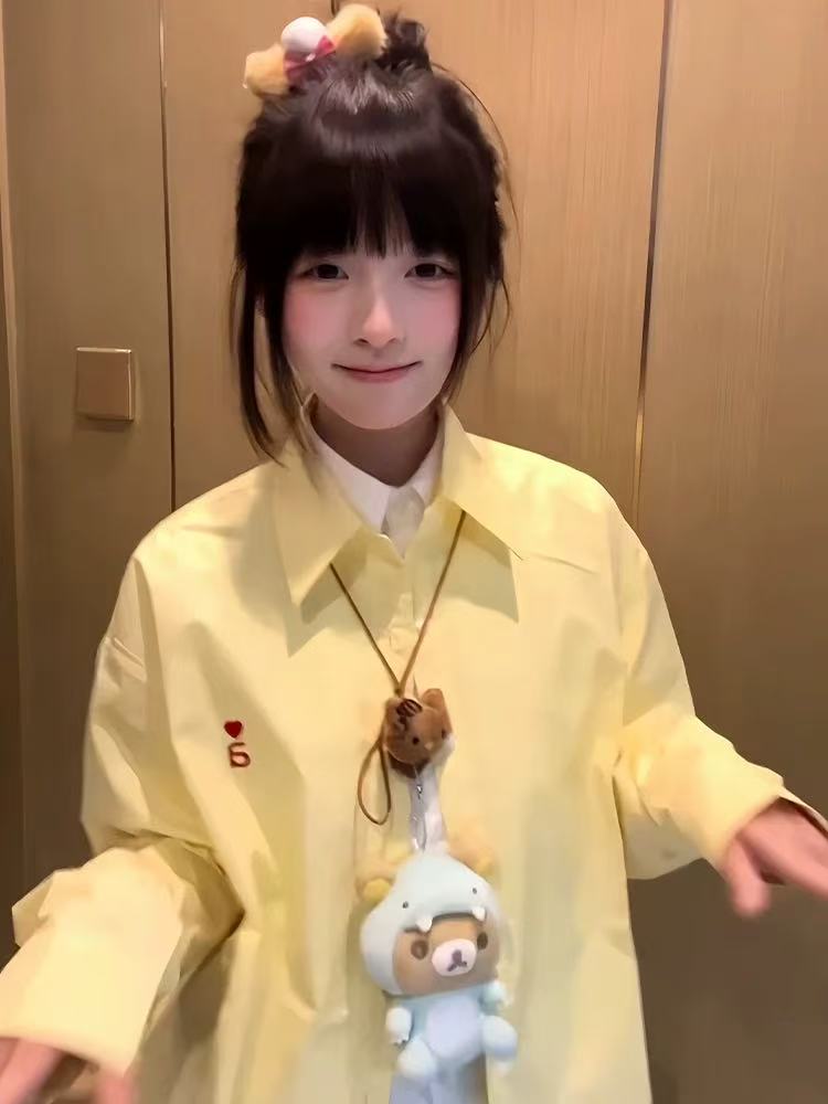 韓系純色簡約百搭Polo領長袖襯衫女春季薄款寬鬆休閒防曬襯衣上衣