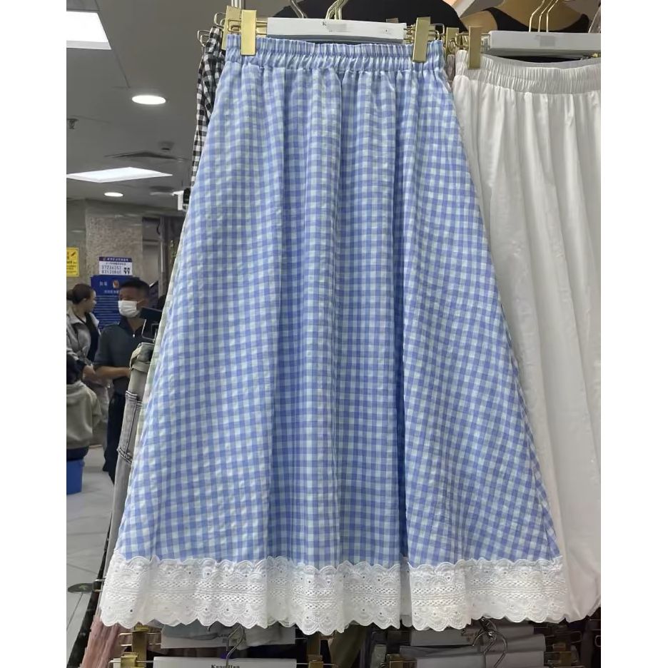 Temperament plaid lace spliced ​​mid-length skirt for women 2025 spring and summer new slim A-line fairy skirt 21J