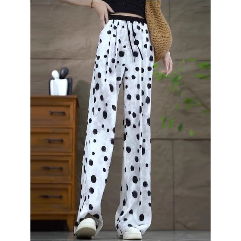 New summer ice-sensing high-waist narrow wide-leg pants for women loose and versatile draped satin polka dot straight casual pants